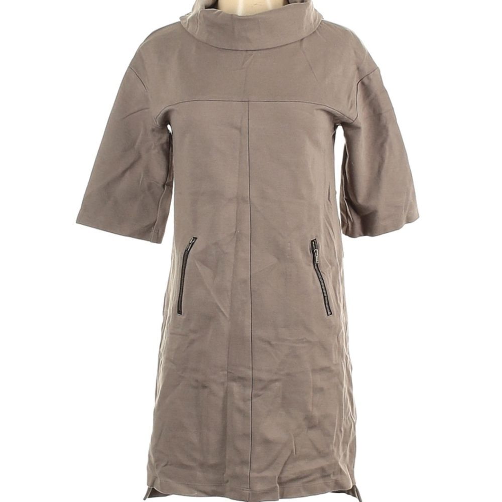 Komarov Minimalist Dress Size XS Tunic Brown Taupe‎ Zipper Pockets Mock Neck